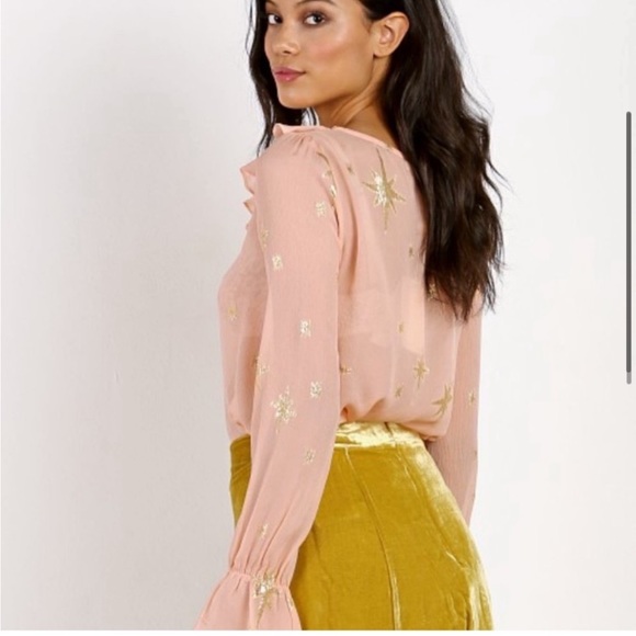 For Love & Lemons Gilded Star Ruffled Sheer Silk Blouse Rose Gold/Pink sz Xsmall - Picture 3 of 14